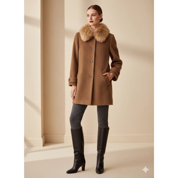 Bill Blass Alpaca Coat Genuine Fox Fur Collar Camel Brown Size 10 Vintage Italy - Picture 1 of 16